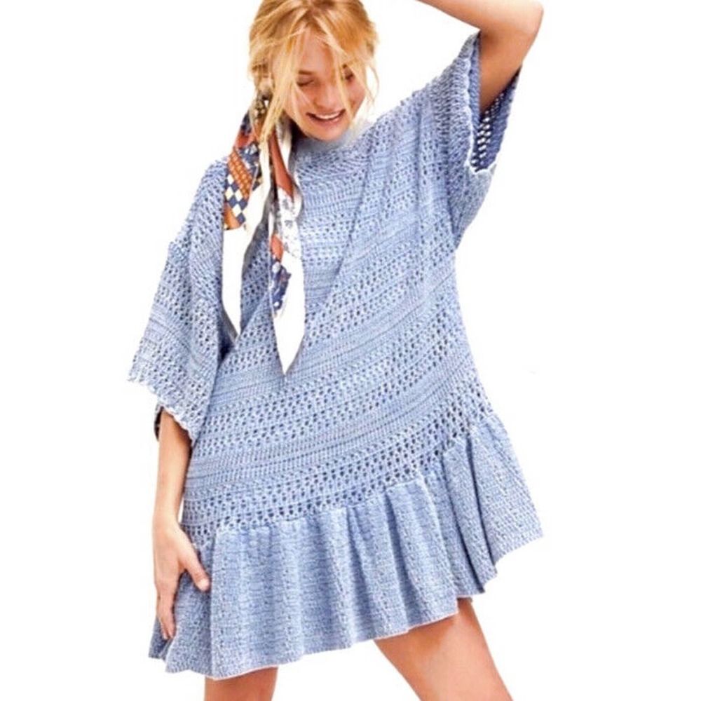Free People Sistine XSmall Swing Blue Open Knit Flounce Hem Mini Dress